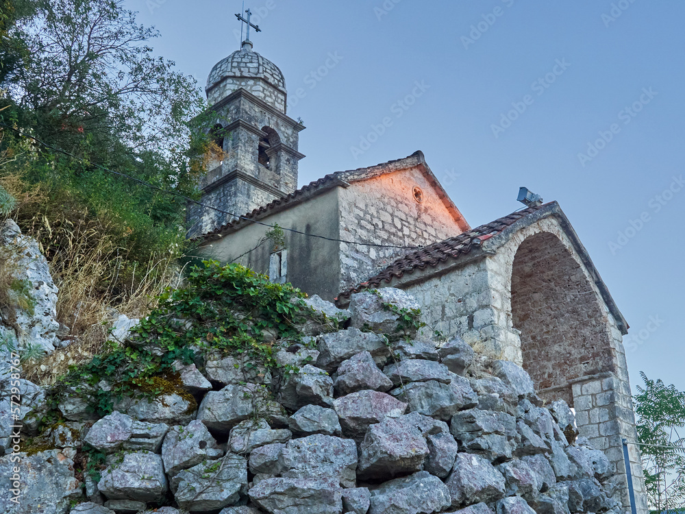 Church of Our Lady of Remedy on the slope of St. John mountain at sunrise. Kotor, Montenegro, Europe Church of Our Lady of Remedy on the slope of St. John mountain at sunrise. Kotor, Montenegro, Europe
