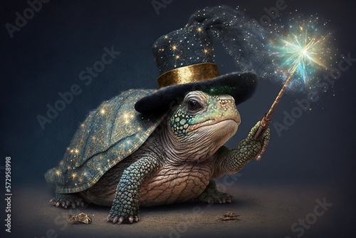 Fotografering turtle wearing a wizard hat and casting a spell with its wand, surrounded by a c