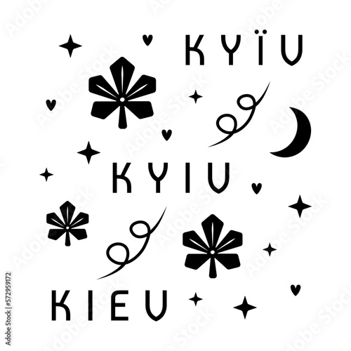 Kyiv night print, letters and symbols, black vector illustration