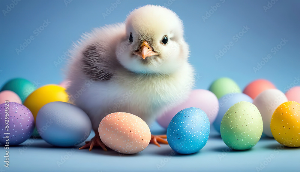 Colorful eggs are a traditional Easter concept and little chick. Easter postcard with colorful background. Happy Easter wallpaper. AI generated.