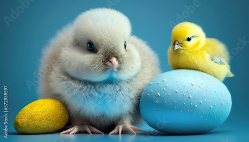 Colorful eggs are a traditional Easter concept and little chick. Easter postcard with colorful background. Happy Easter wallpaper. AI generated.