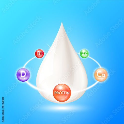 Vitamins Minerals complex and protein in milk. Nutrients ring surrounds the milk droplets. Essential amino acids for body health. Products design supplement food. 3D realistic isolated. Vector EPS10.