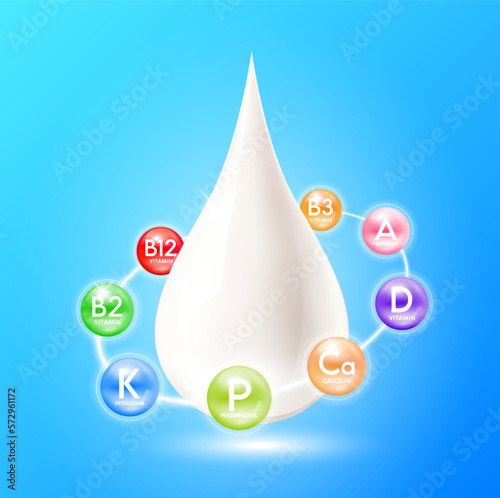 Minerals nutrients and vitamins complex ring surrounds the milk droplets. Essential amino acids for body health. Products design supplement food. Milk drop 3D realistic isolated. Vector EPS10.