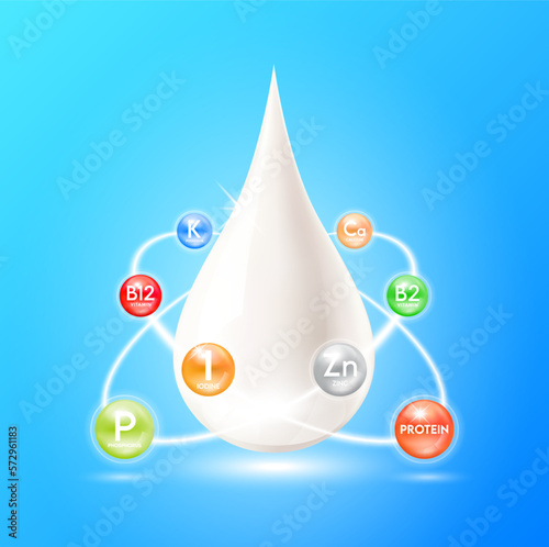 Minerals vitamins complex and protein in milk. Nutrients ring surrounds the milk droplets. Essential amino acids for body health. Products design supplement food. 3D realistic isolated. Vector EPS10.