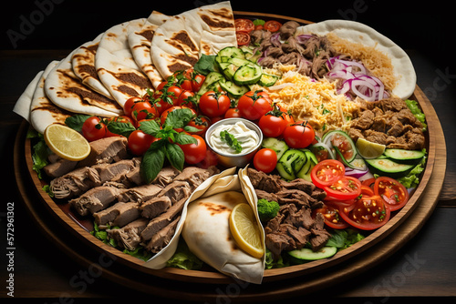 A plate of gyros and a variety of salads. AI generativ
