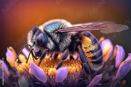 Bee on flower macro. Ai generative.