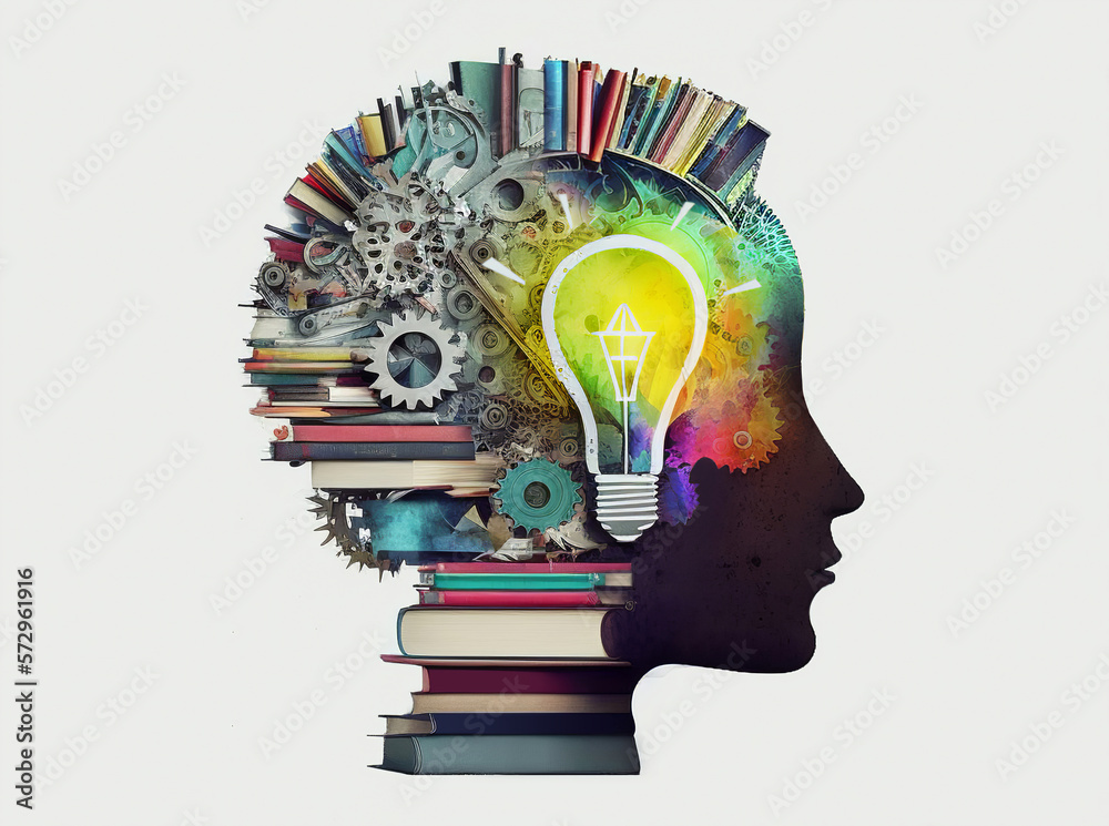 Human head made of gears and books with light bulb shape inside - obrazy, fototapety, plakaty 
