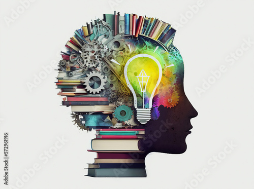 Human head made of gears and books with light bulb shape inside photo