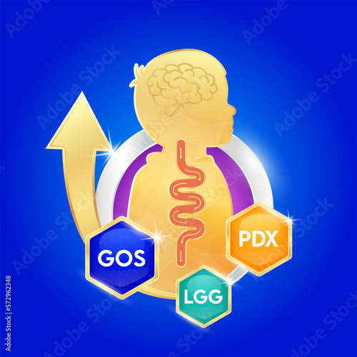 Aluminum sign shape of child. GOS, LGG FOS with golden arrow. Essential prebiotics for body health helps the immune cells in the intestines to be strong. Products design supplement food. 3D Vector.