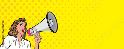beutiful woman with megaphone pop art retro vector illustration. Woman with loudspeaker. Female announcing discount or sale. Special offer, shopping time, protest or meeting.