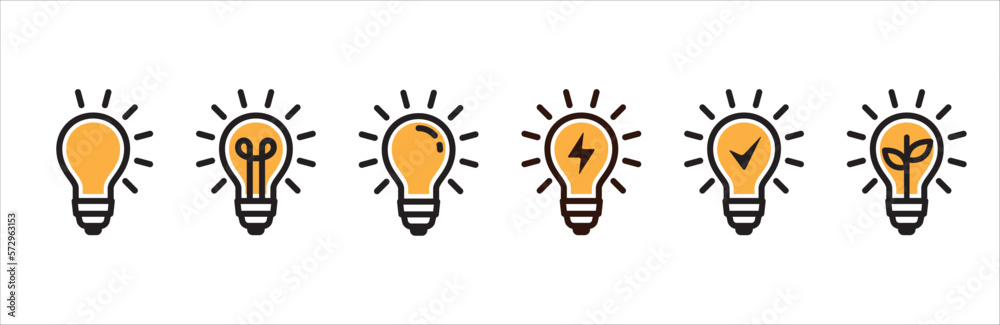 Light bulb icon set. Lamp icons. Idea light bulb symbol collection. Simple line and flat design style. Black and yellow color. Vector stock illustration. Light bulb icon set. Lamp icons. Idea light bulb symbol collection. Simple line and flat design style. Black and yellow color. Vector stock illustration.