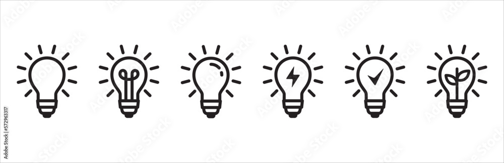 Light bulb icon set. Lamp icons. Idea light bulb symbol collection. Glow light bulb represents ideas and innovation. Outline vector stock illustration. Light bulb icon set. Lamp icons. Idea light bulb symbol collection. Glow light bulb represents ideas and innovation. Outline vector stock illustration.
