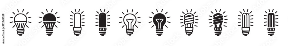 Light bulb icon set. Lamp icons. Idea light bulb symbol collection. Glow light bulb represents ideas and innovation. Simple flat vector stock illustration. Spiral and U shape lamp. Light bulb icon set. Lamp icons. Idea light bulb symbol collection. Glow light bulb represents ideas and innovation. Simple flat vector stock illustration. Spiral and U shape lamp.