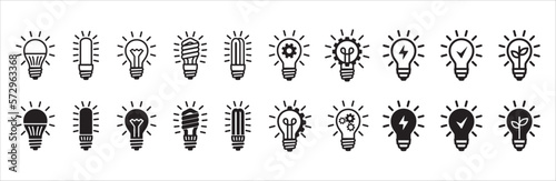 Innovation icon set. Light bulb and cog vector icons. Lamp and gear inspiration symbol. Vector stock illustration. Simple line and flat design style. Electricity green energy sign.