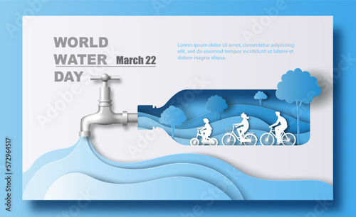World Water Day, save water, a family riding a bicycle and the water comes out of the tap on the bottle of water, paper illustration and 3d paper.