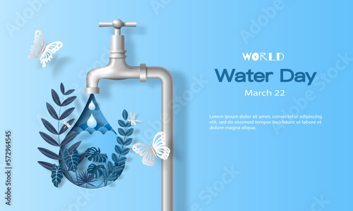 World Water Day, a drop of water from a tap, save the water and save the earth. Paper illustration and 3d paper.