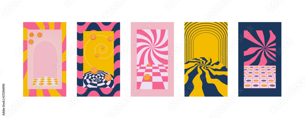 Vector set of groovy design elements and illustrations in geometric style. Frames for social media stories and postsи