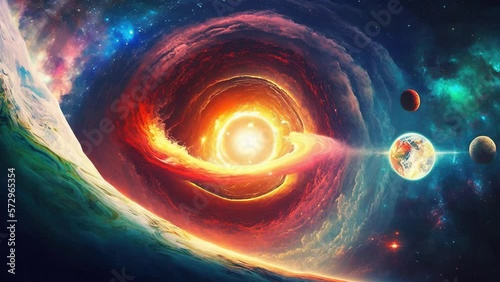 Black Hole inside Shining Nebula Deep Space with Galaxy Stardust, Cosmos Planets Stars, Looped Background Animation
