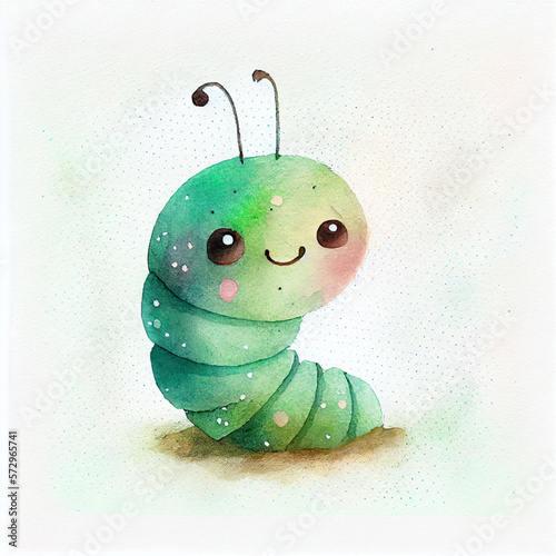 Cute caterpillar character, cartoon watercolor worm, green funny smiling garden insect, animal personage children book illustration. Adorable kawaii pest, larva, lovely bug with big eyes © Ekaterina
