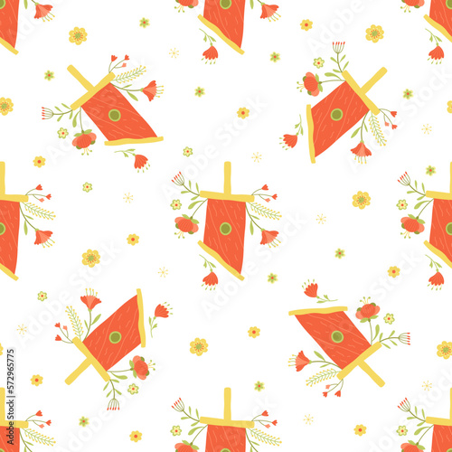 Red cartoon birdhouses and flowers around on white background. Spring Easter seamless pattern 