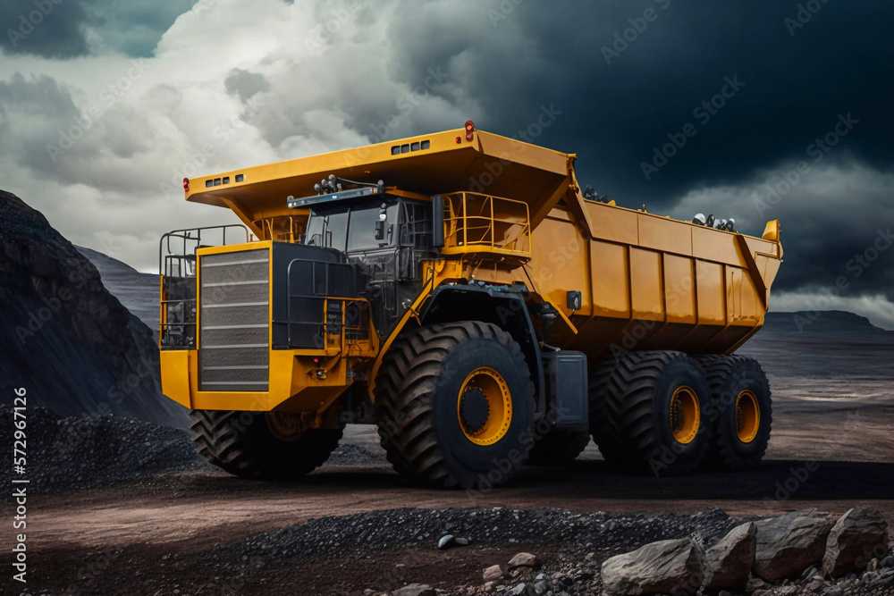 Open pit mine industry, big yellow mining truck for coal anthracite at work. Generative AI