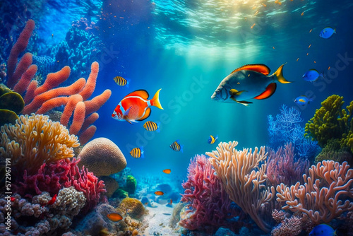 Underwater Scene With Coral Reef And Exotic Fishes. Generative AI