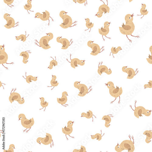 Seamless pattern with chickens, chicks. Poultry, farm. Cute baby print. Vector graphics.