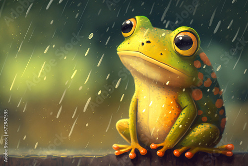 Green frog in the rain. Generative AI