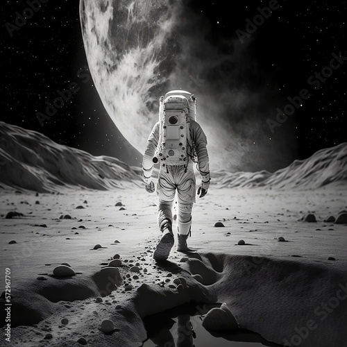 Fényképezés Black and white AI image of an astronaut walking on the lunar soil with view of the earth on the distance