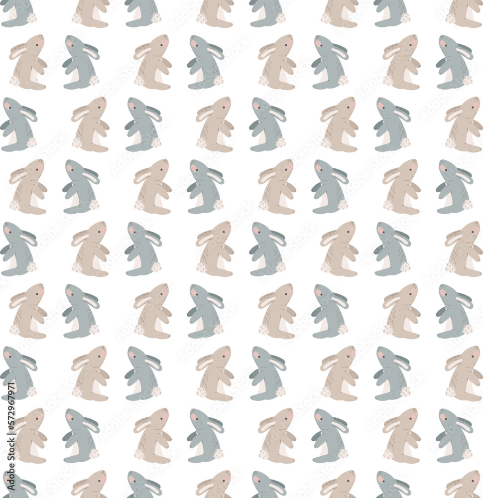 Seamless pattern with rabbits. Hare, Easter, spring, flowers. Childish cute print. Vector graphics.