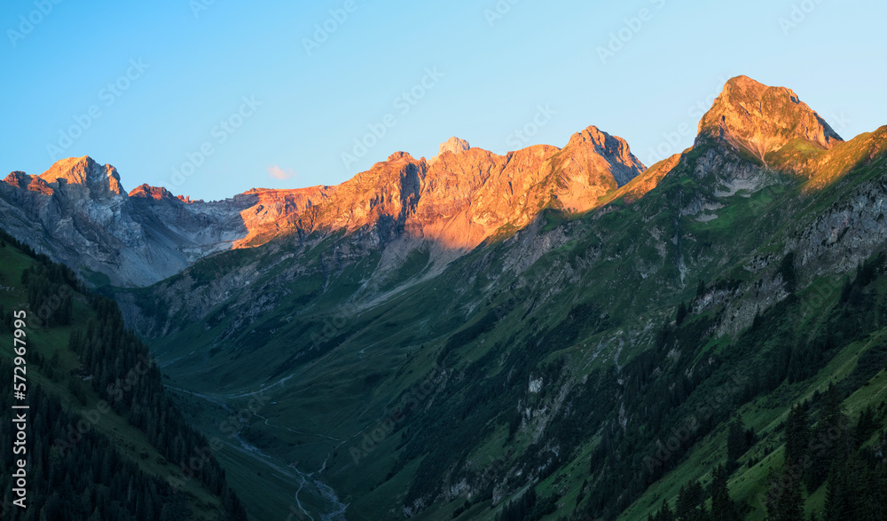 Sunrise in the Lechtal Alps. Alpine landscape with rocky mountains. Tirol, Austria