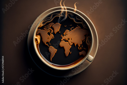 A cup of black and intense coffee, decorated with a world map that reflects the variety of coffees around the world, to discover each taste and its particularities. Generative AI photo