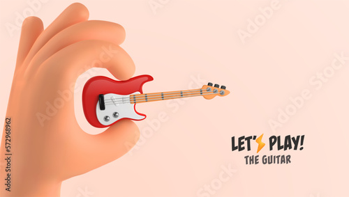 3d cartoon hand holding little red electric guitar on the light background. Musical string instrument funny vector illustration for shop or class.