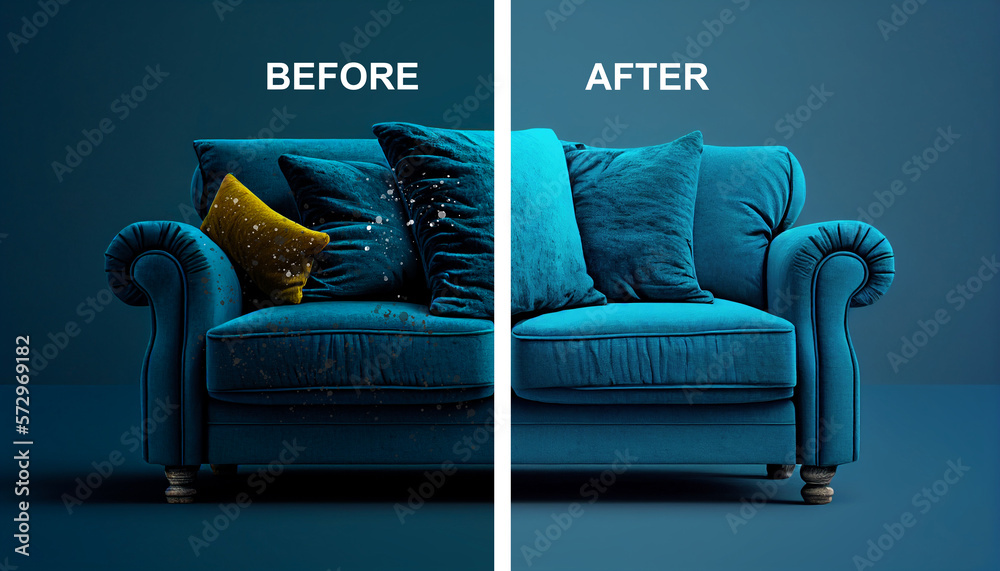 Before and after cleaning sofa. Blue soft sofa dirt. dirty half and clean half. dry cleaning
