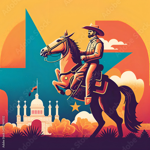 A vibrant digital illustration of Texas, featuring a cowboy on horseback in front of a large lone star, with iconic Texan landmarks and symbols scattered throughout the image. Generative AI