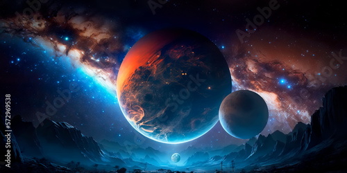 Fototapeta Naklejka Na Ścianę i Meble -  The night sky twinkles with stars and planets, reminding us of the infinite expanse of outer space beyond planet Earth Generative AI