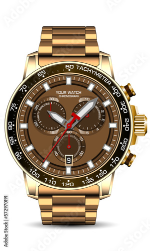 Realistic gold brown clock watch chronograph face strap on white background design modern luxury for men fashion vector