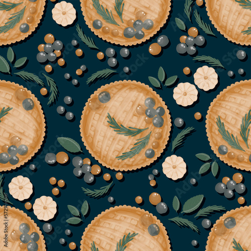 Seamless pattern with pies. ornament with endless berry pie design. suitable for kitchen textiles, kitchen towels and tablecloths. Dark blue background. The topic of cooking