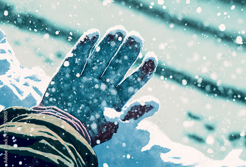 A human hand in a glove stands out against the white snow covered landscape of a winter blizzard-perfect for creating emotive visuals or adding texture to any backdrop. Generative AI photo