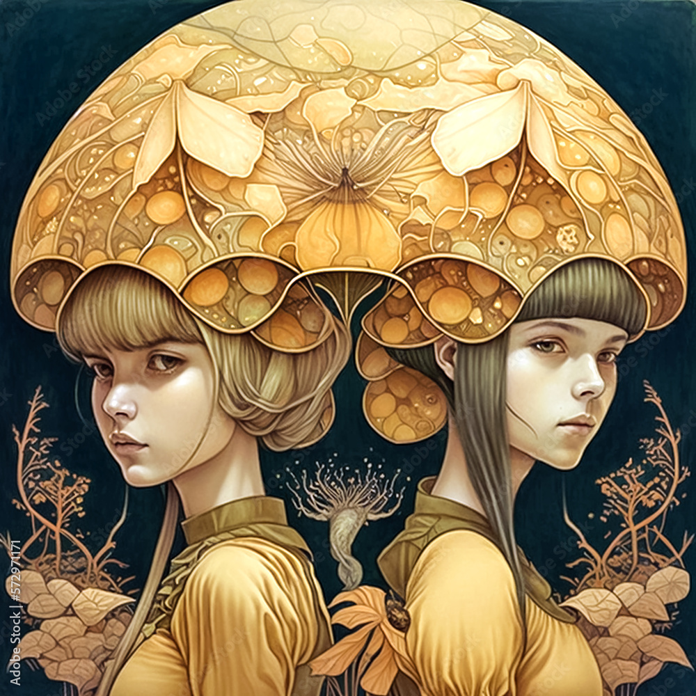 Digital painting of two girls with a mushroom in the form of a head ...