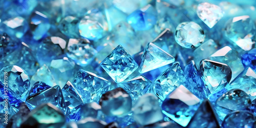 Blue crystals background. Digital illustration of topaz gemstones different form. photo