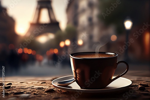 Cup Of Delicious Coffee On Blurred Background Of Paris Cozy Street And Eiffel Tower. Romantic Evening View. Based On. Generative AI