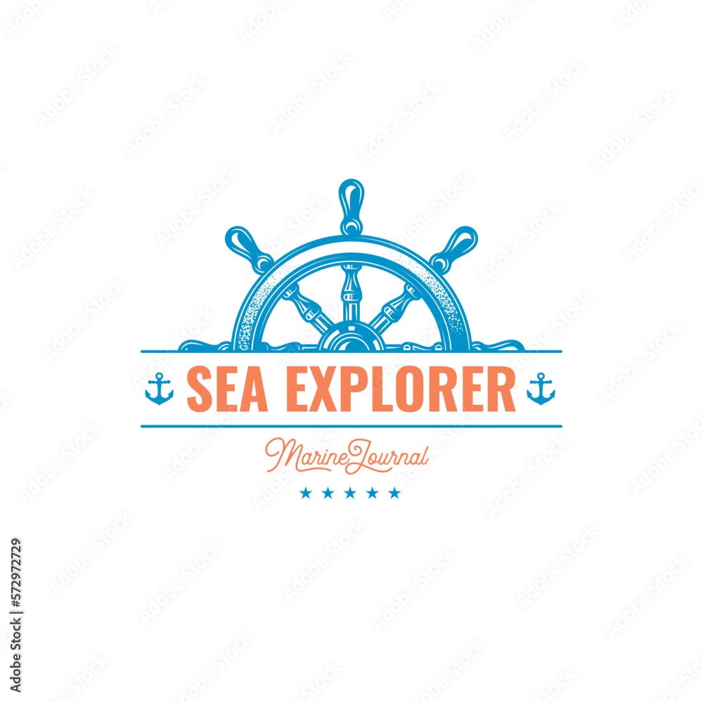 Original monochrome vector emblem of a ship steering wheel in vintage style. Original monochrome vector emblem of a ship steering wheel in vintage style.