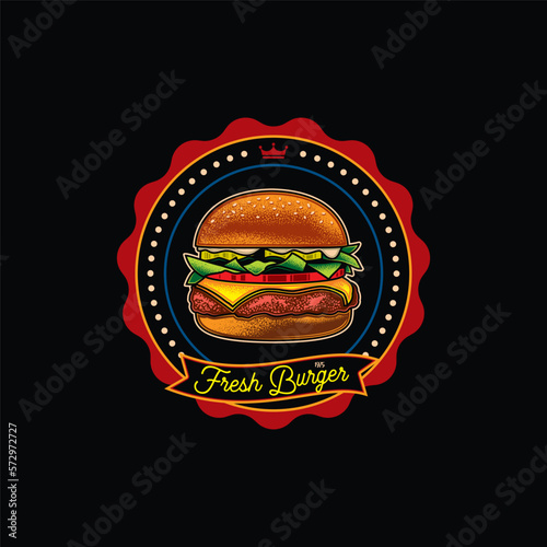 Original vector logo of the fast food. Burger with cutlet, tomatoes and herbs in vintage style.