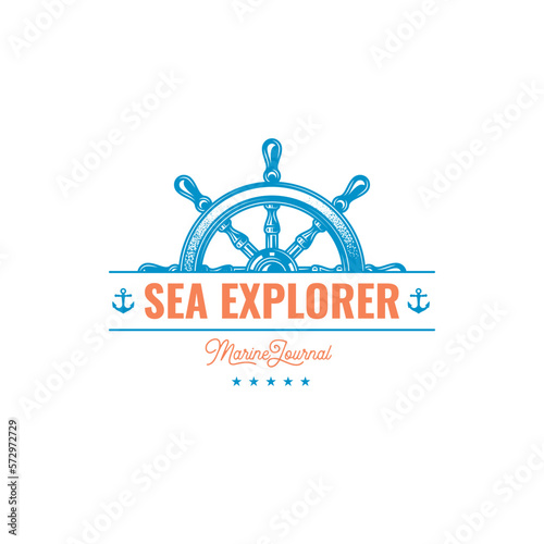 Original monochrome vector emblem of a ship steering wheel in vintage style.