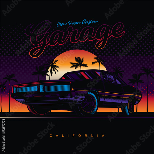 Original vector illustration in neon style. American muscle car on the background of sunset and palm trees. T-shirt design