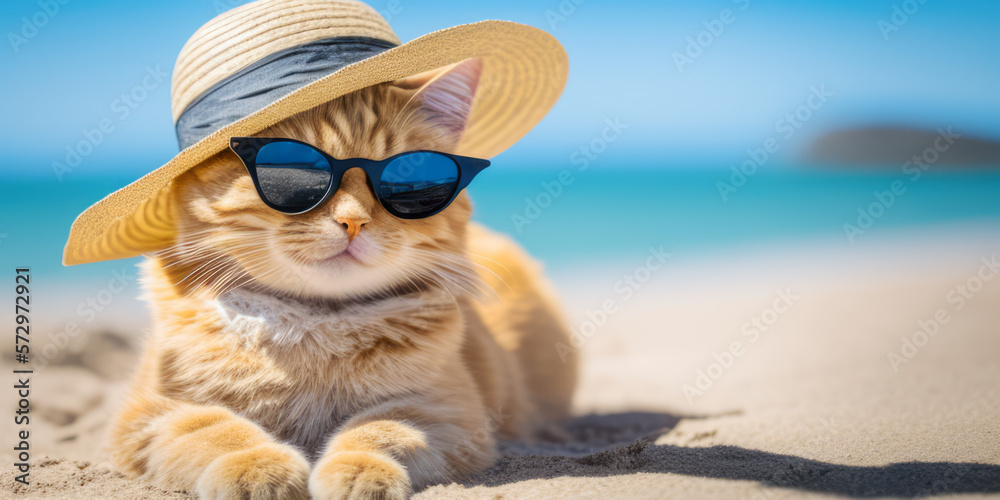 Chat à la plage. Vacances été. Chaton assis sur une plage de sable blanc. Generative AI