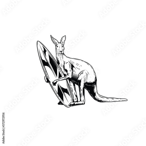 Original vector illustration in the style of surfing. Kangaroo wearing glasses and with a surfboard on the beach, sunset and palm trees in neon style