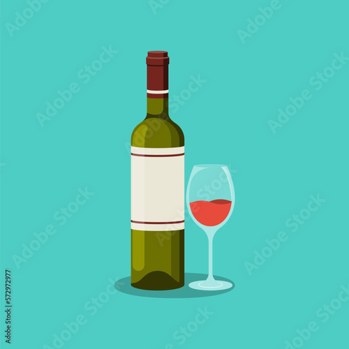 Bottle of wine with a glass. Alcoholic drinks. Vector illustration flat design. Isolated on white background.