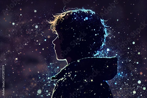 Fotografia Illustration Of A Boy Looking At Night Starry Sky With Glitter Glow Galaxy Flicker Above